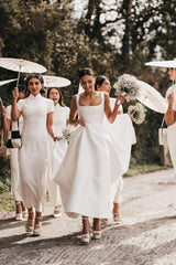 A-Line Square Neck Floor Length Simple Long White Satin Wedding Dresses ﻿