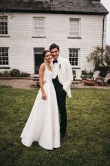 A-Line Square Neck Floor Length Simple Long White Satin Wedding Dresses ﻿