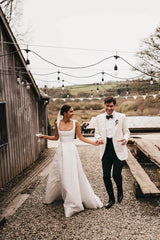 A-Line Square Neck Floor Length Simple Long White Satin Wedding Dresses ﻿