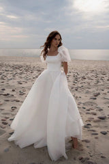 A-Line Square Neck Short Sleeves Vintage Wedding Dress TD001