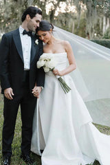 A-Line Strapless Simple White Satin Wedding Dress with Slit TD0017