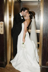 A-Line Strapless Simple White Satin Wedding Dress with Slit TD0017