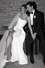 A-Line Strapless Simple White Satin Wedding Dress with Slit TD0017