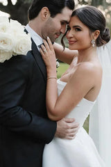 A-Line Strapless Simple White Satin Wedding Dress with Slit TD0017
