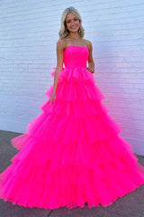 A-Line Strapless Tiered Tulle Hot Pink Long Prom Dress TP1336