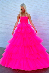A-Line Strapless Tiered Tulle Hot Pink Long Prom Dress TP1336