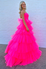 A-Line Strapless Tiered Tulle Hot Pink Long Prom Dress TP1336