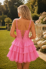 A-Line Straps Scoop Neck Appliques Ruffles Short Homecoming Dress