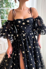 A-Line Tulle Black Long Prom Dress, Black Tulle Formal Evening Dress TP1142