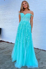 A-Line Tulle Floral Plus Size Lace Prom Dresses Applique Off-the-Shoulder