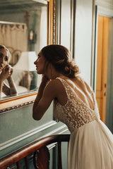 A-Line V-Neck Backless Sweep Train Tulle Sexy Wedding Dress with Pearls TN221