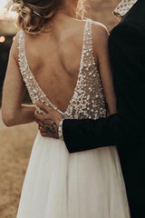 A-Line V-Neck Backless Sweep Train Tulle Sexy Wedding Dress with Pearls TN221