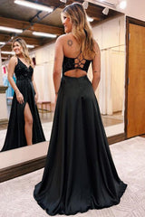 A-Line V-Neck Corset Back Long Prom Dress Split Evening Dress TP1195