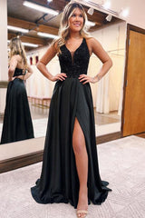 A-Line V-Neck Corset Back Long Prom Dress Split Evening Dress TP1195