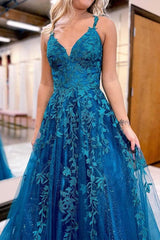 A-Line V Neck Tulle Lace Long Prom Dress Blue Tulle Lace Evening Dress TP1196