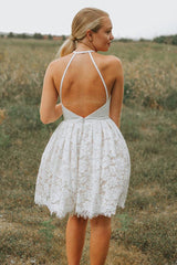 A-Line Ivory Lace Halter Backless Short Prom Dress Homecoming Dress HD0153