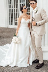 A-Line White Wedding Dresses Satin Strapless V Neck
