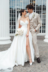A-Line White Wedding Dresses Satin Strapless V Neck