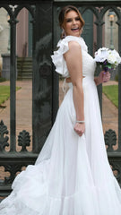 A-Line Orange Prom Dresses With Ruffle Cap Sleeves, V-Neck Senior Prom Dress,AST1647