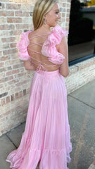 A-Line Orange Prom Dresses With Ruffle Cap Sleeves, V-Neck Senior Prom Dress,AST1647