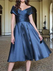 A-Line Off The Shoulder Tea-Length Satin Prom Dress