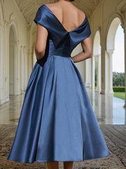 A-Line Off The Shoulder Tea-Length Satin Prom Dress