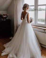 A-line Open Back Organza And Tulle Princess Wedding Dresses With Bow