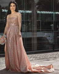 A-line Rose Gold Strapless Split Dresses