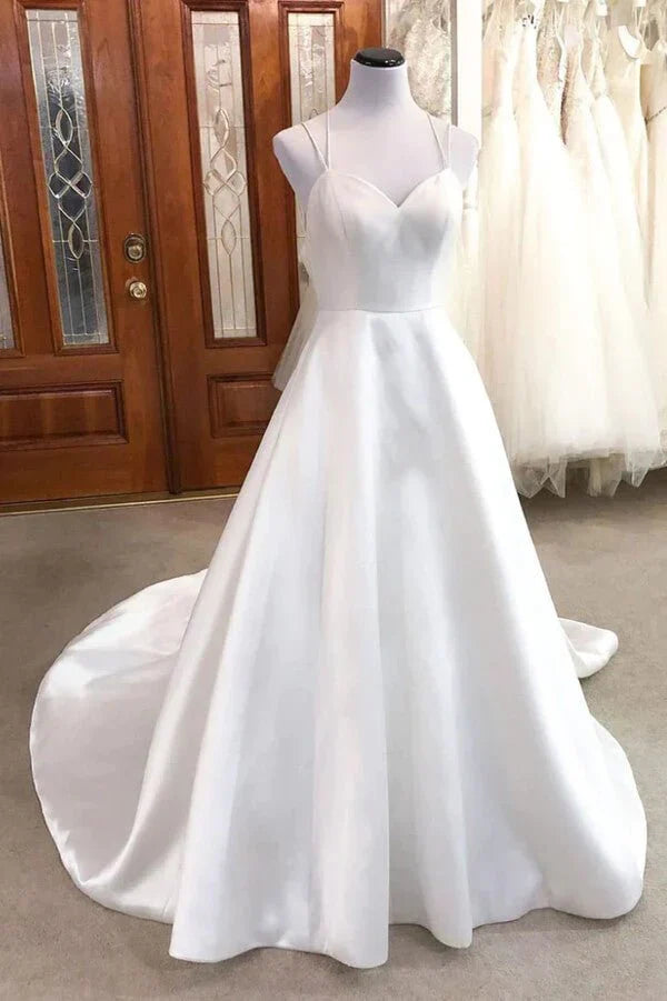 Ivory Satin A-line V-neck Spaghetti Straps Wedding Dresses Bridal Gown