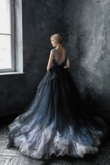 A-line Elegant Sleeveless Floor Length Backless Black Tulle Wedding Prom Party Dress With Train/No Veil Included