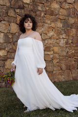 Weitese Formal Wear Dresses Long Sleeves Off-the-shoulder  A-line Floor Length Wedding Dress With Train Long Sleeve Long Dresses Prom