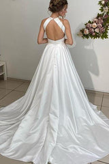 Elegant one line collar backless long satin beaded strap and floor length wedding dress