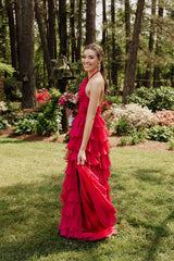 A-line Halter Neck Ruffle Fuchsia Long Prom Dress TP1321