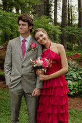 A-line Halter Neck Ruffle Fuchsia Long Prom Dress TP1321