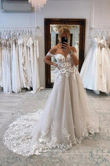 A-line Lace Beach Wedding Dress with Off Shoulder Tulle Appliques Off Shoulder