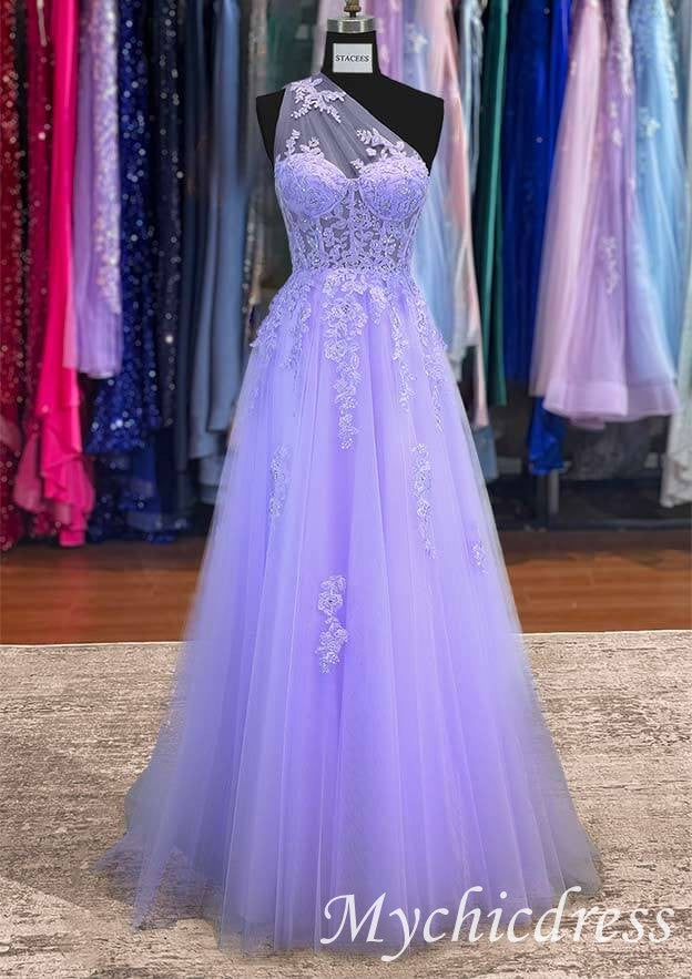 A-line 2024 Lavender Long Prom Dresses One Shoulder Lace Formal Gown