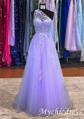 A-line 2024 Lavender Long Prom Dresses One Shoulder Lace Formal Gown
