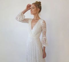 A-line Layered Skirt Maxi Lace Wedding Dress Wrap Neckline Puffy Bracelet Sleeves Deep V Neck Bride Dress