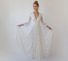 A-line Layered Skirt Maxi Lace Wedding Dress Wrap Neckline Puffy Bracelet Sleeves Deep V Neck Bride Dress