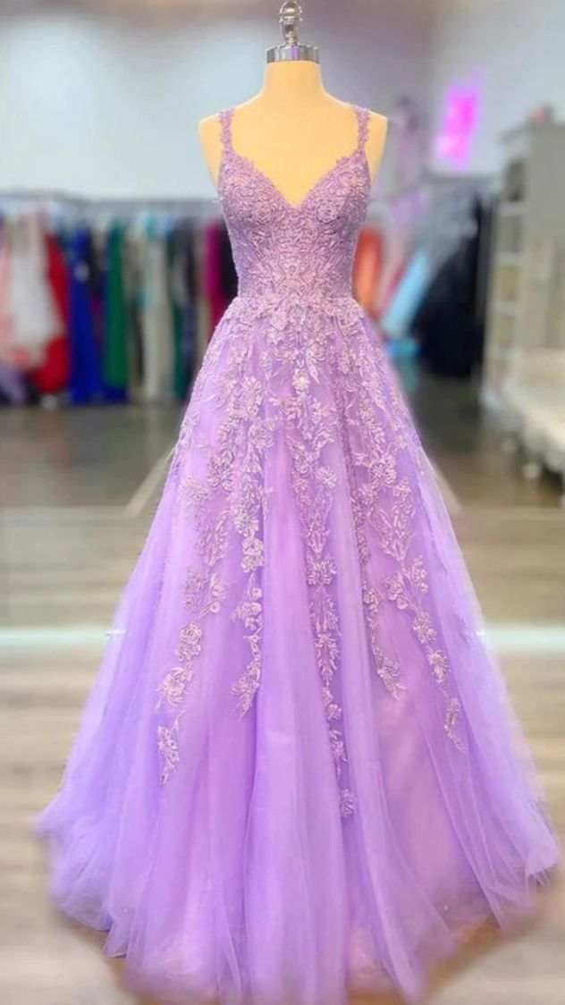 A-line Lilac Tulle 2024 Prom Dresses Violet V-neck Formal Evening Dresses UK