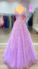 A-line Lilac Tulle 2024 Prom Dresses Violet V-neck Formal Evening Dresses UK