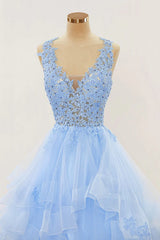 A-line Long Layers Lace Prom Dresses Light Blue Beaded Appliques