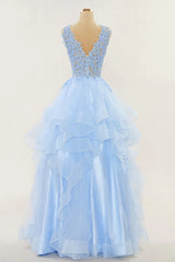 A-line Long Layers Lace Prom Dresses Light Blue Beaded Appliques