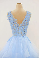 A-line Long Layers Lace Prom Dresses Light Blue Beaded Appliques