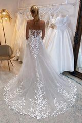 A-line Off The Shoulder Lace Applique Wedding Dresses With Court Train TN376