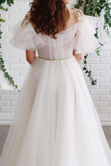 A-line Off White Short Sleeves Long Prom Dresses Organza Evening Dress TP0946