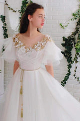 A-line Off White Short Sleeves Long Prom Dresses Organza Evening Dress TP0946