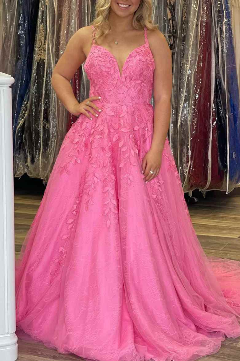 A-line Pink Lace Evening Dresses Appliques V Neck Prom Dress 2024