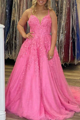 A-line Pink Lace Evening Dresses Appliques V Neck Prom Dress 2024