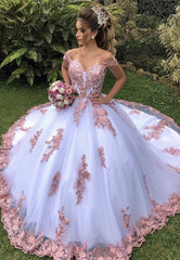 A-line Princess White Wedding Dresses Blush Lace Off the Shoulder